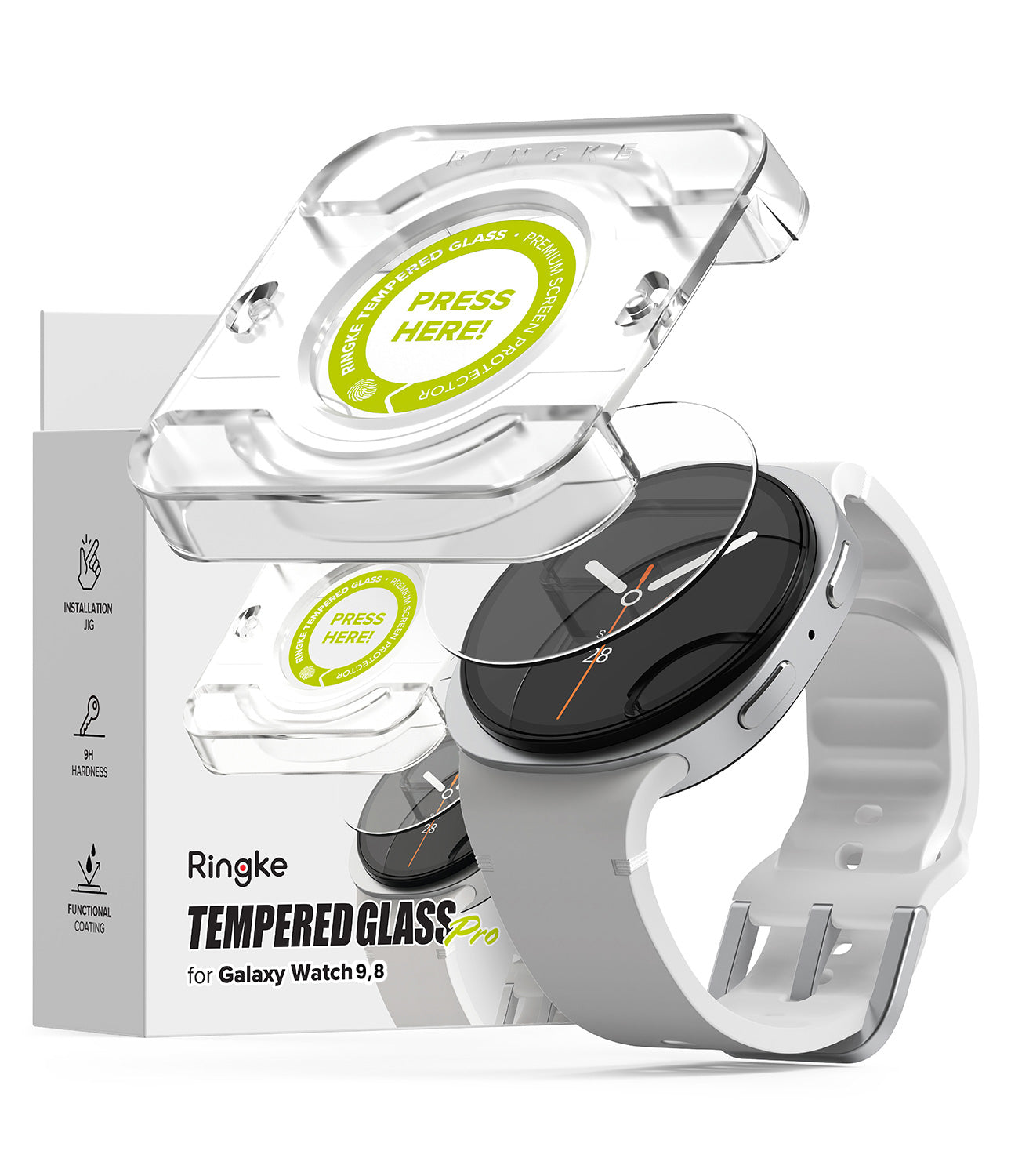 Galaxy Watch 8 44mm Screen Protector | Tempered Glass Pro - Smartwatch with a transparent case and packaging labeled 'Ringke TemperedGlass' on a white background
