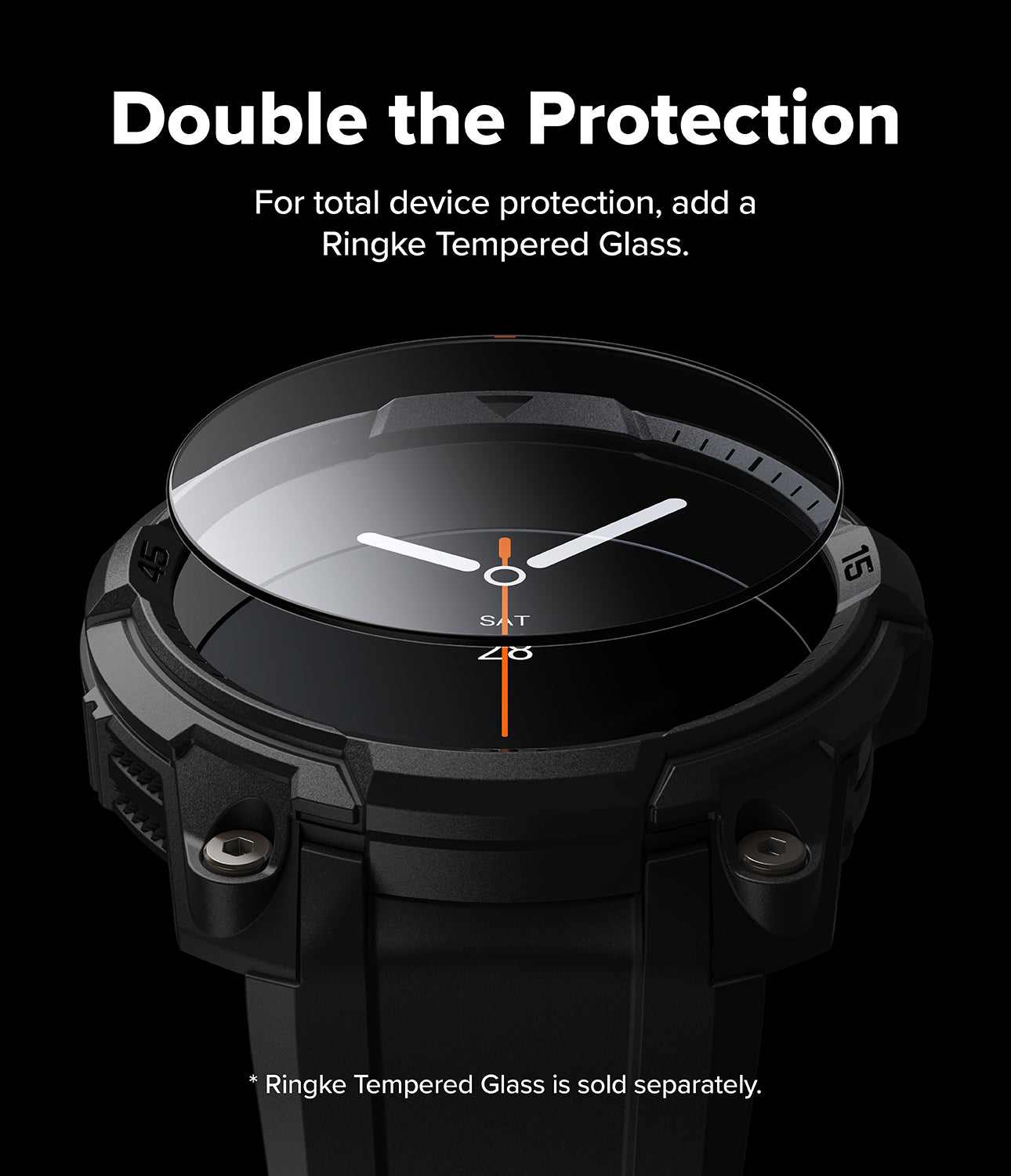 Galaxy Watch 9 / 8 44mm Case + Band | Rugged Gear - Smartwatch with a protective glass cover on a black background, promoting Ringke Tempered Glass.