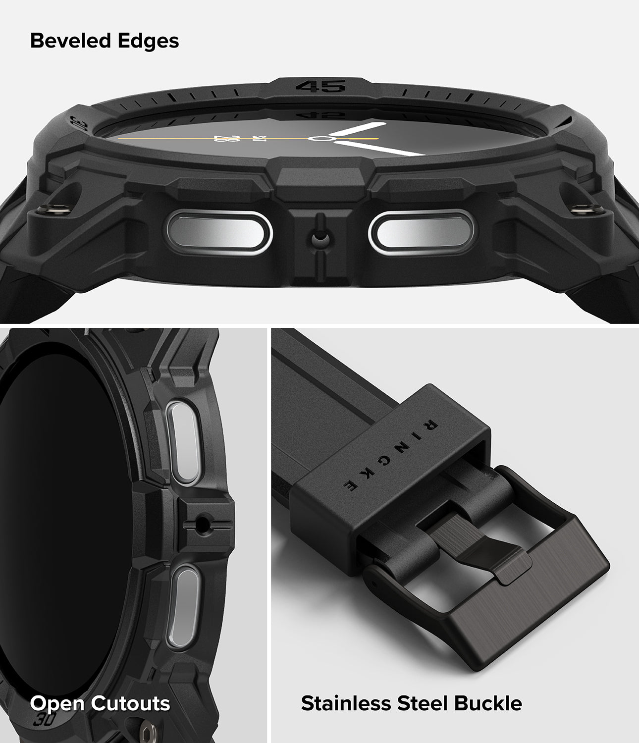 Galaxy Watch 9 / 8 44mm Case + Band | Rugged Gear - Black watch with beveled edges, open cutouts, and stainless steel buckle on a white background