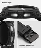 Galaxy Watch 9 / 8 44mm Case + Band | Rugged Gear - Black watch with beveled edges, open cutouts, and stainless steel buckle on a white background