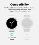 Galaxy Watch 9 / 8 44mm Case + Band | Rugged Gear - Compatibility graphic for Rugged Gear smartwatches showing Galaxy Watch 9/8 44mm as compatible with a green circle icon and Galaxy Watch 8 Classic 46mm as incompatible with a pink X icon, on a light gray background.