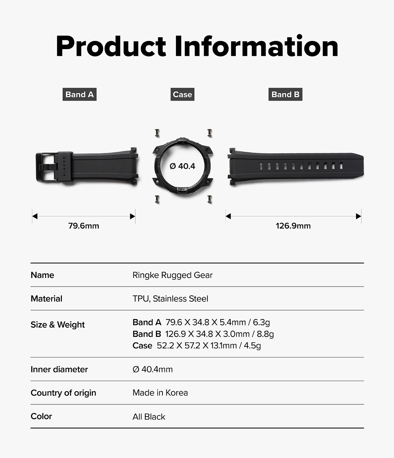 Galaxy Watch 9 / 8 44mm Case + Band | Rugged Gear - Product information diagram for a black ringke Rugged Gear watch band, showing Band A, Band B, and the watch case with dimensions and specifications on a white background.
