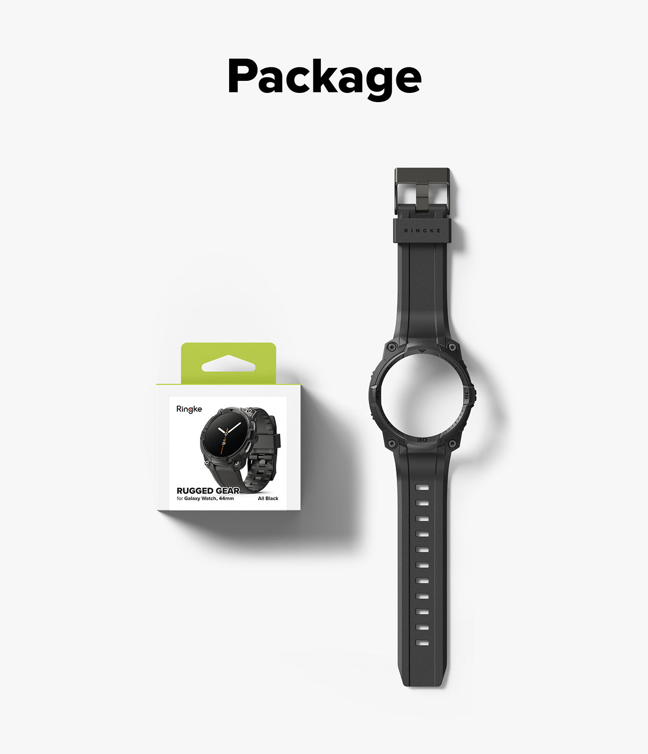 Galaxy Watch 9 / 8 44mm Case + Band | Rugged Gear - A black rugged watch band shown next to its retail box under the heading 'Package' on a light gray background.