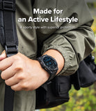Galaxy Watch 9 / 8 44mm Case + Band | Rugged Gear - Person wearing a tactical watch with text 'Made for an Active Lifestyle' on a blurred outdoor background