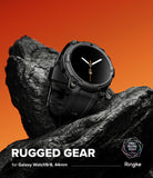 Galaxy Watch 9 / 8 44mm Case + Band | Rugged Gear - Black rugged gear watch on a rock with an orange background