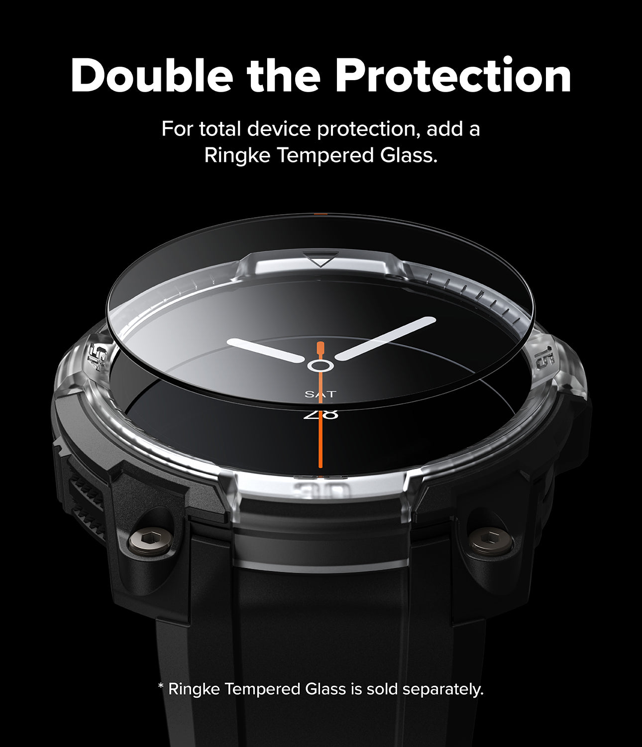 Galaxy Watch 8 44mm Case + Band | Rugged Gear - Smartwatch with a transparent protective cover on a black background, promoting Ringke Tempered Glass.