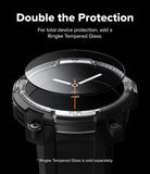 Galaxy Watch 8 44mm Case + Band | Rugged Gear - Smartwatch with a transparent protective cover on a black background, promoting Ringke Tempered Glass.