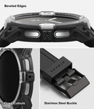 Galaxy Watch 8 44mm Case + Band | Rugged Gear - Close-up of a watch with beveled edges, open cutouts, and stainless steel buckle on a white background.