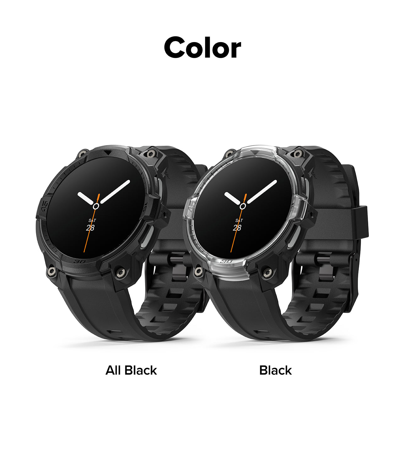 Galaxy Watch 8 44mm Case + Band | Rugged Gear - Two black watches with different band designs on a white background