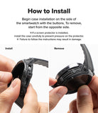 Galaxy Watch 8 44mm Case + Band | Rugged Gear - Instruction graphic showing how to install and remove a black smartwatch case, with text instructions at the top and two labeled photo panels below showing hands pressing 'Install' and pulling 'Remove'.