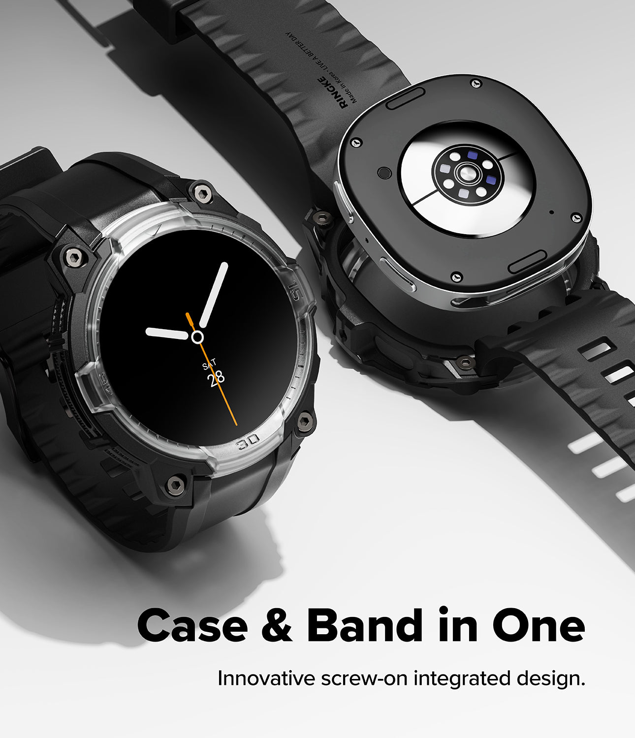 Galaxy Watch 8 44mm Case + Band | Rugged Gear - Black smartwatch with open case showing internal components on a light gray background.