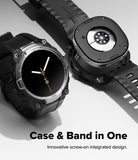 Galaxy Watch 8 44mm Case + Band | Rugged Gear - Black smartwatch with open case showing internal components on a light gray background.