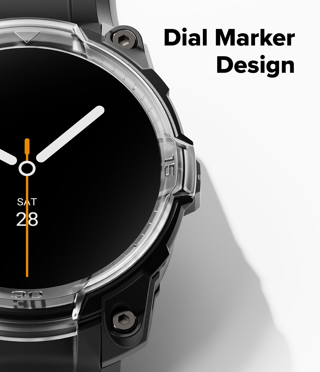 Galaxy Watch 8 44mm Case + Band | Rugged Gear - Smartwatch with a black screen displaying the date and time, featuring 'Dial Marker Design' text.