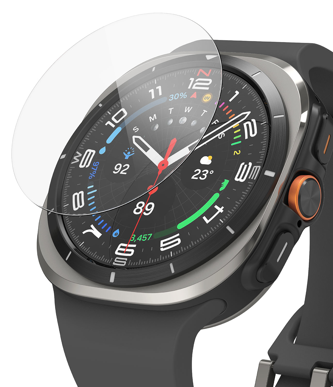 Galaxy Watch Ultra 2 Screen Protector | Tempered Glass (4 Pack) - R9 - A clear tempered glass screen protector shown partially covering the display of a black and gray smartwatch with a dark strap and silver case on a white background.