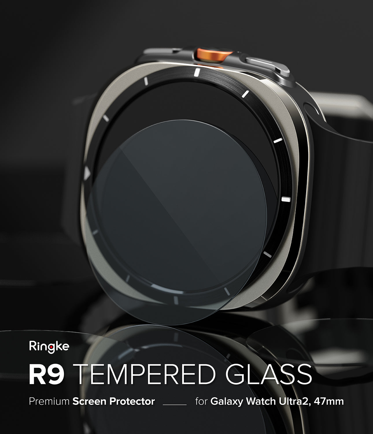 Galaxy Watch Ultra 2 Screen Protector | Tempered Glass (4 Pack) - R9 - Ringke R9 tempered glass screen protector shown as a clear curved overlay on a black and silver Galaxy Watch Ultra 2, with text reading 'Ringke R9 TEMPERED GLASS' and 'Premium Screen Protector for Galaxy Watch Ultra 2, 47mm' on a dark background.