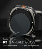 Galaxy Watch Ultra 2 Screen Protector | Tempered Glass (4 Pack) - R9 - Ringke R9 tempered glass screen protector shown as a clear curved overlay on a black and silver Galaxy Watch Ultra 2, with text reading 'Ringke R9 TEMPERED GLASS' and 'Premium Screen Protector for Galaxy Watch Ultra 2, 47mm' on a dark background.