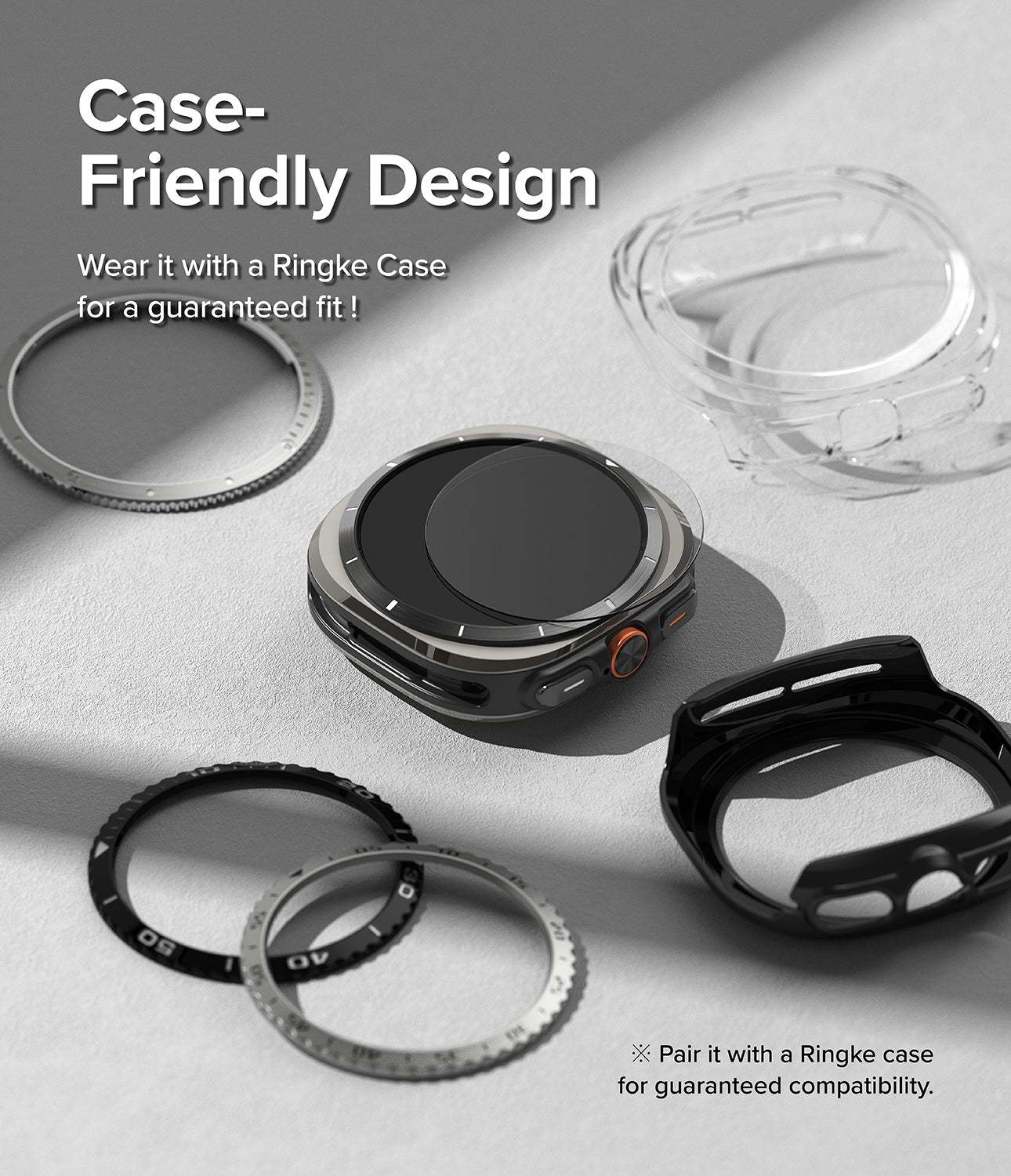 Galaxy Watch Ultra 2 Screen Protector | Tempered Glass (4 Pack) - R9 - A smartwatch shown with several ring-shaped accessory pieces and a clear case on a light gray background, with promotional text reading 'Case-Friendly Design' and a note about pairing with a Ringke Case for guaranteed fit.