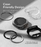 Galaxy Watch Ultra 2 Screen Protector | Tempered Glass (4 Pack) - R9 - A smartwatch shown with several ring-shaped accessory pieces and a clear case on a light gray background, with promotional text reading 'Case-Friendly Design' and a note about pairing with a Ringke Case for guaranteed fit.