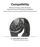 Galaxy Watch Ultra 2 Screen Protector | Tempered Glass (4 Pack) - R9 - Compatibility graphic for a smartwatch screen protector showing a Galaxy Watch Ultra 47mm with a clear protector overlay and text stating Ringke's accessories may not be compatible with third-party brand products.