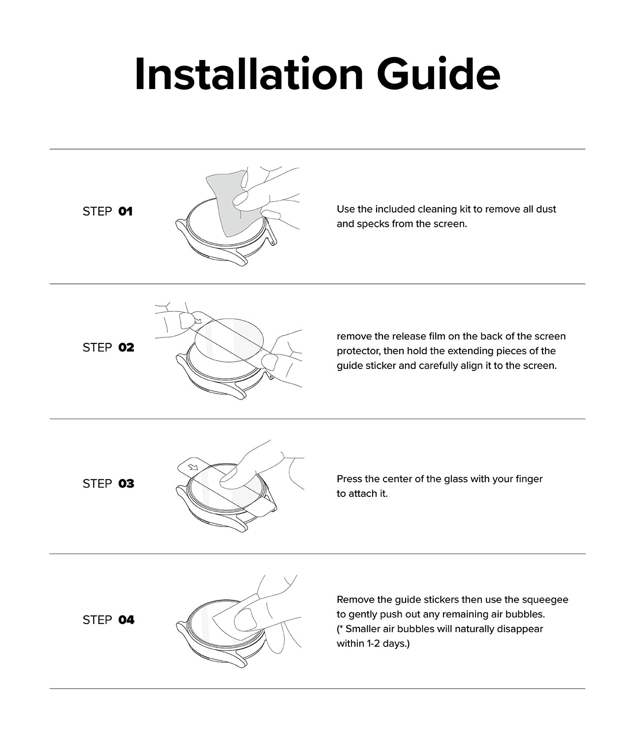 Galaxy Watch Ultra 2 Screen Protector | Tempered Glass (4 Pack) - R9 - An installation guide sheet with four numbered steps showing line drawings of a hand applying a cleaning film to a glass screen protector and peeling off guide stickers.