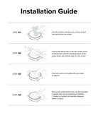 Galaxy Watch Ultra 2 Screen Protector | Tempered Glass (4 Pack) - R9 - An installation guide sheet with four numbered steps showing line drawings of a hand applying a cleaning film to a glass screen protector and peeling off guide stickers.