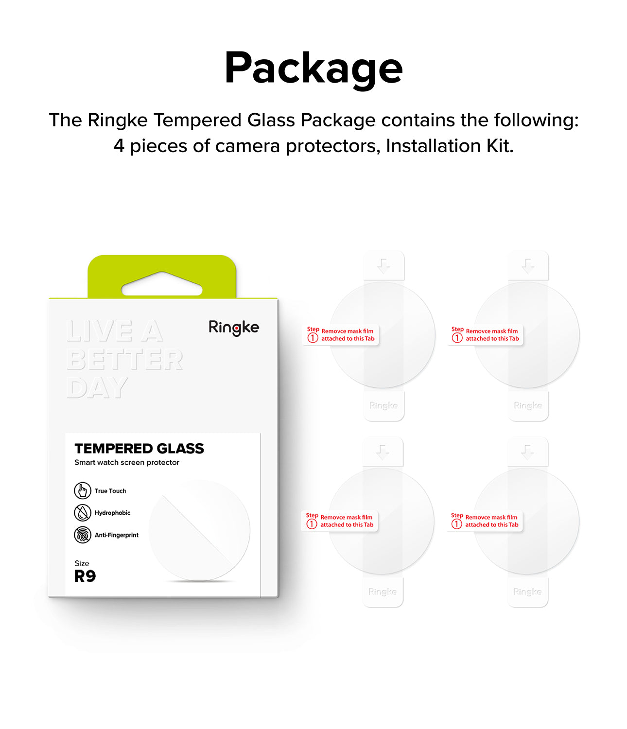 Galaxy Watch Ultra 2 Screen Protector | Tempered Glass (4 Pack) - R9 - Ringke tempered glass camera protector package set on a white background, showing the retail box and four round clear protector pieces with red installation instructions.