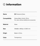 Galaxy Watch Ultra 2 Screen Protector | Tempered Glass (4 Pack) - R9 - An information card detailing the specifications of a Galaxy Watch Ultra 2 tempered glass screen protector. The card lists the product name, compatibility, material, size, origin, and color (Transparency) in a clean, black text layout on a light gray background.