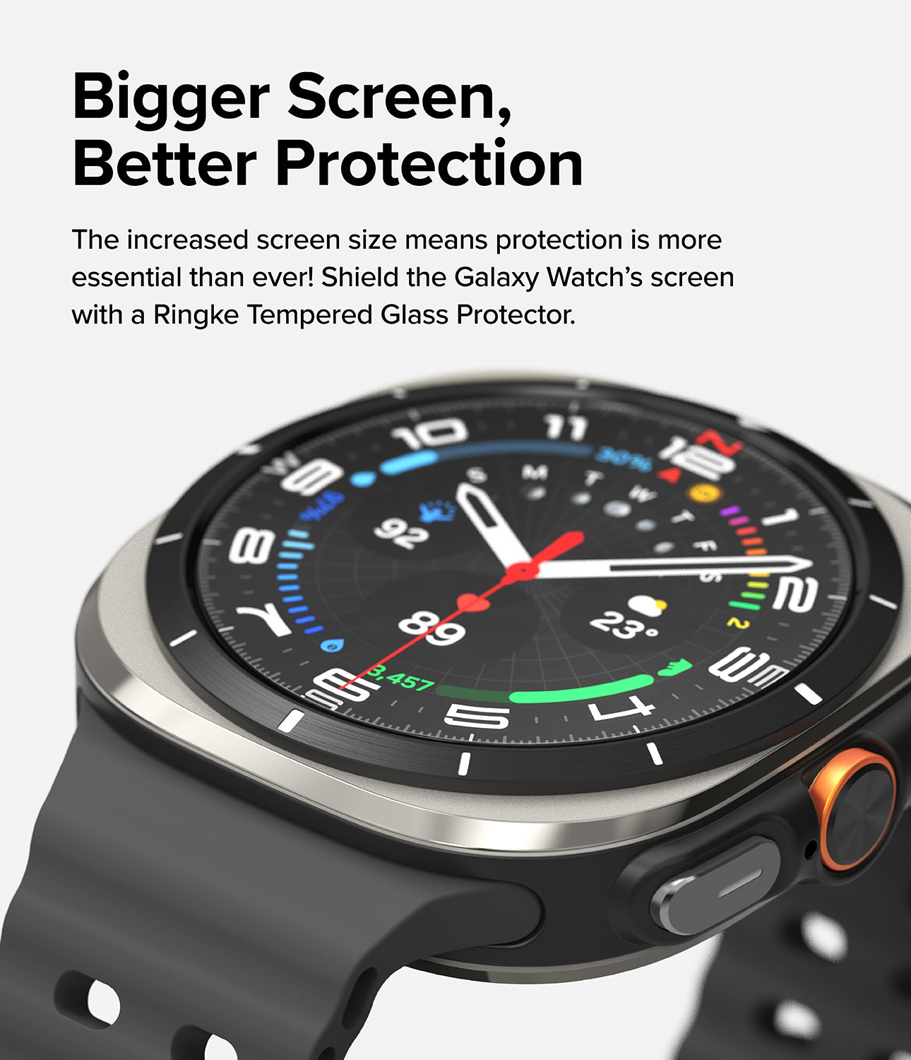 Galaxy Watch Ultra 2 Screen Protector | Tempered Glass (4 Pack) - R9 - A close-up of a smartwatch with a black strap, silver bezel, and colorful analog-style display, shown on a light gray background with promotional text about screen protection.