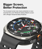 Galaxy Watch Ultra 2 Screen Protector | Tempered Glass (4 Pack) - R9 - A close-up of a smartwatch with a black strap, silver bezel, and colorful analog-style display, shown on a light gray background with promotional text about screen protection.