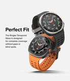 Galaxy Watch Ultra 2 Screen Protector | Tempered Glass (4 Pack) - R9 - Two smartwatches shown on a light gray background with marketing text reading 'Perfect Fit.' The top watch has a black case and black strap, while the bottom watch has a black case and orange strap.