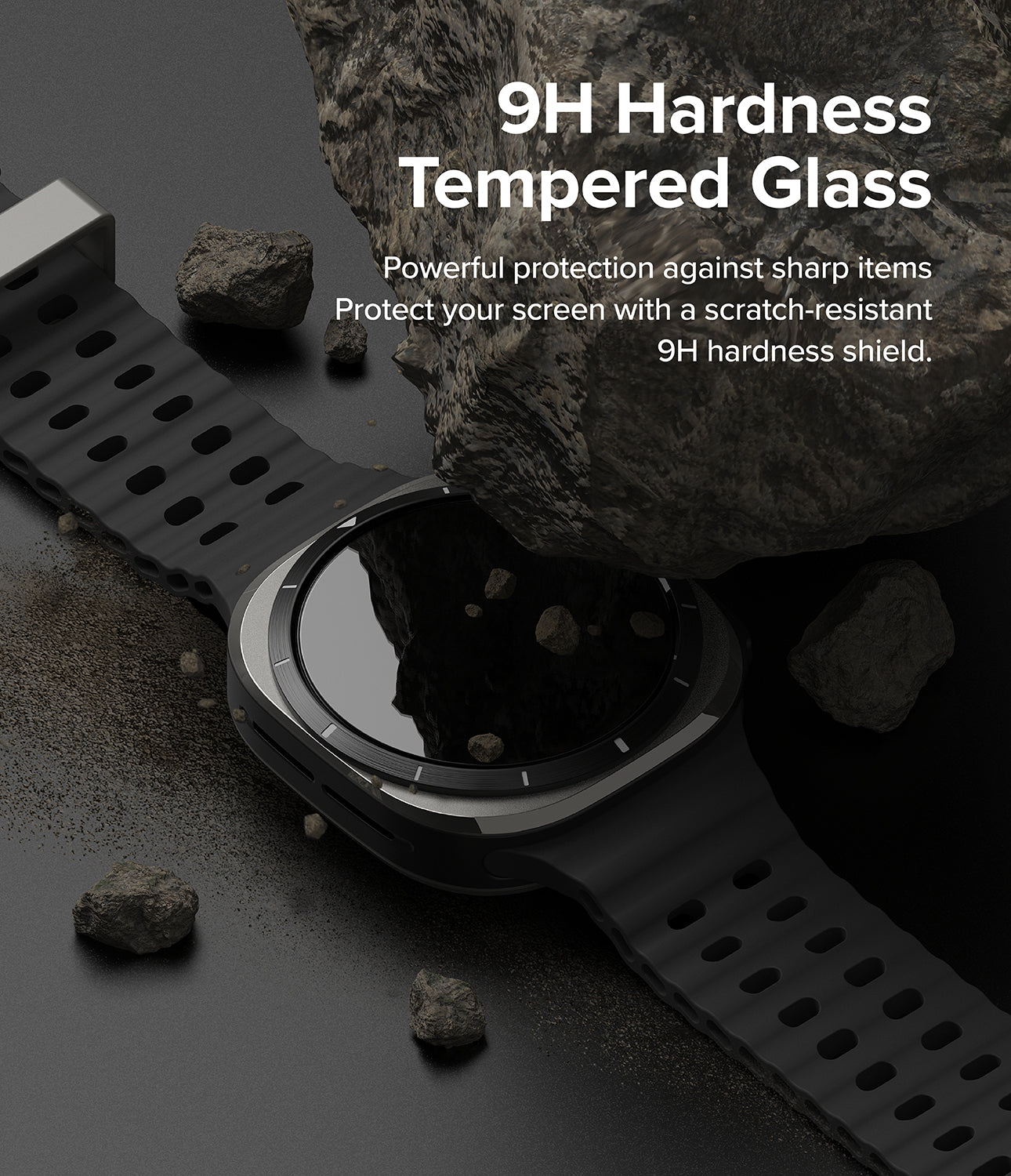 Galaxy Watch Ultra 2 Screen Protector | Tempered Glass (4 Pack) - R9 - Smartwatch with a protective glass cover on a dark background with rocks
