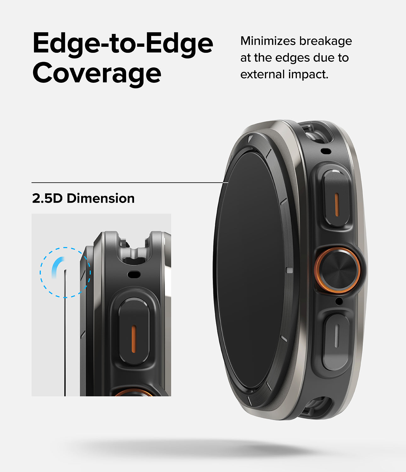 Galaxy Watch Ultra 2 Screen Protector | Tempered Glass (4 Pack) - R9 - A rugged smartwatch shown on a light gray background with marketing text reading 'Edge-to-Edge Coverage' and '2.5D Dimension.