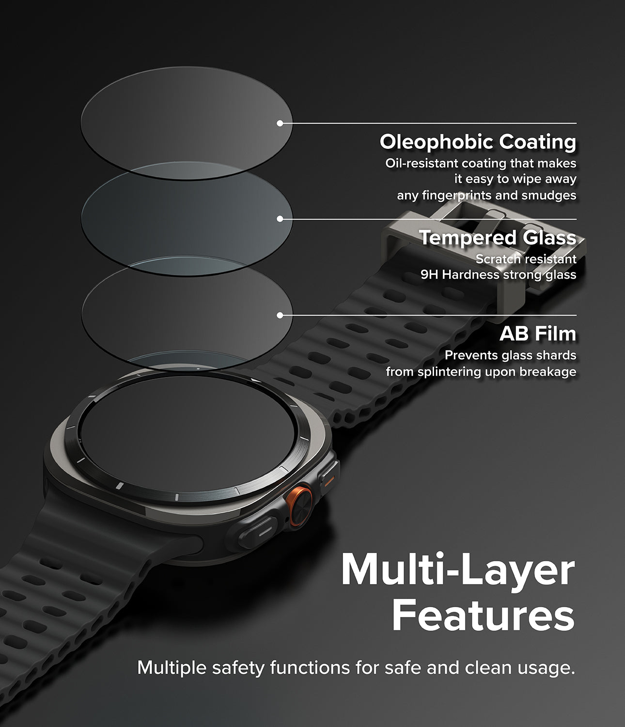 Galaxy Watch Ultra 2 Screen Protector | Tempered Glass (4 Pack) - R9 - A smartwatch with a black strap shown on a dark background, with three circular transparent screen-coating layers floating above it and callout text describing oleophobic coating, tempered glass, and AB film. Large text reads 'Multi-Layer Features' and 'Multiple safety functions for safe and clean usage.
