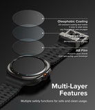 Galaxy Watch Ultra 2 Screen Protector | Tempered Glass (4 Pack) - R9 - A smartwatch with a black strap shown on a dark background, with three circular transparent screen-coating layers floating above it and callout text describing oleophobic coating, tempered glass, and AB film. Large text reads 'Multi-Layer Features' and 'Multiple safety functions for safe and clean usage.