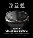 Galaxy Watch Ultra 2 Screen Protector | Tempered Glass (4 Pack) - R9 - A black smartwatch shown on a black background with feature icons for True Touch, Hydrophobic, and Anti-Fingerprint, plus text reading 'Special Oleophobic Coating' and a description of oil-resistant fingerprint removal.