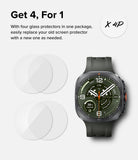 Galaxy Watch Ultra 2 Screen Protector | Tempered Glass (4 Pack) - R9 - Promotional graphic for smartwatch screen protectors showing a dark gray smartwatch with a green display on the right, two transparent circular screen protector mockups on the left, and text reading 'Get 4, For 1' and 'X 4P'.