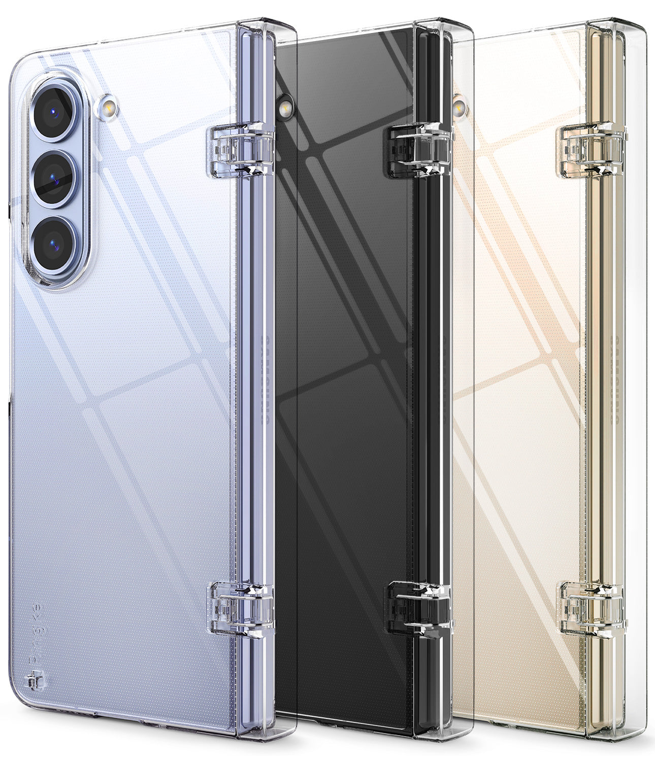 Galaxy Z Fold 5 Case | Slim Hinge - Clear - Three clear Galaxy Z Fold 5 cases with hinge protection in blue, black, and gold.