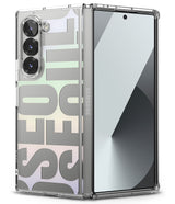 Galaxy Z Fold 6 case | Fusion Design - Clear phone case with Seoul typography floating near a silver Galaxy Z Fold 6 amidst glass spheres.