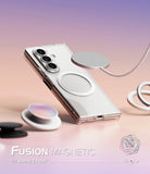 [Combo] Galaxy Z Fold 7 | Folio Grip Wallet Magnetic + Fusion Magnetic - Galaxy Z Fold 7 - Clear magnetic phone case floating with magnetic charger and accessories on a gradient background.