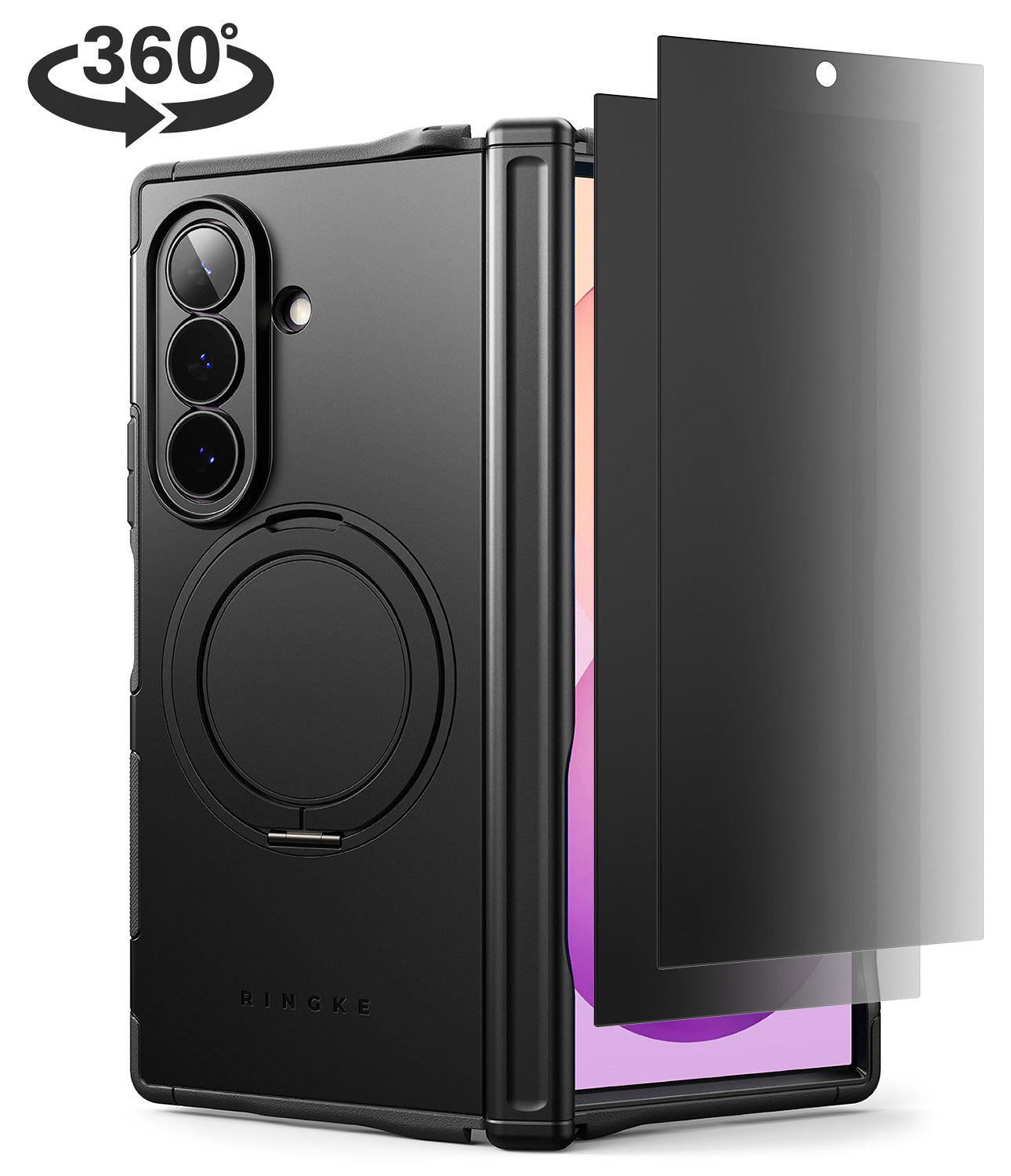 [Bundle] Galaxy Z Fold 8 Ultra | Alles + 360° Privacy - Black Ringke protective case for a foldable smartphone, shown with a transparent screen protector overlay and a 360-degree rotation graphic in the top left corner.