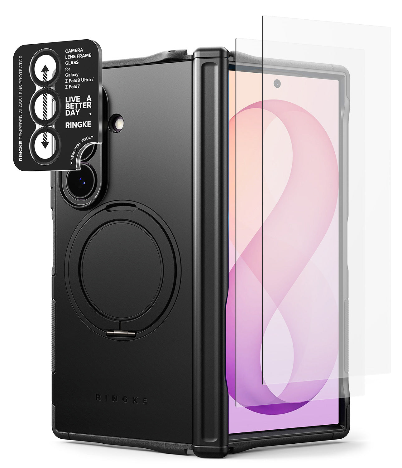 [Bundle] Galaxy Z Fold 8 Ultra | Alles + Screen & Camera Protectors - Black Ringke protective case for a foldable smartphone, shown open with a clear screen protector leaning against the right side and a black camera lens protector sticker on the left, on a white background.