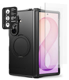 [Bundle] Galaxy Z Fold 8 Ultra | Alles + Screen & Camera Protectors - Black Ringke protective case for a foldable smartphone, shown open with a clear screen protector leaning against the right side and a black camera lens protector sticker on the left, on a white background.