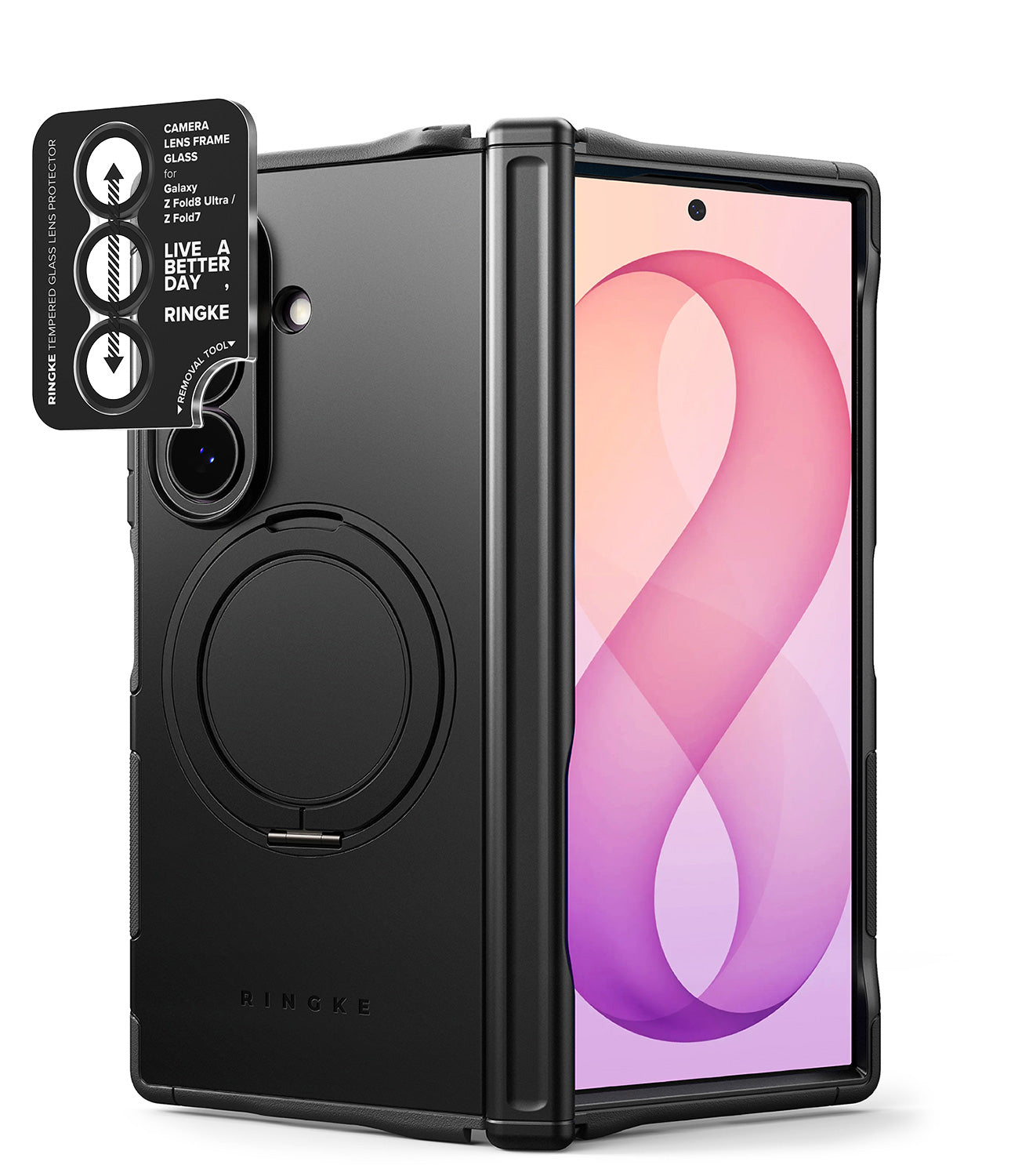 [Bundle] Galaxy Z Fold 8 Ultra | Alles + Camera Protectors - Black Ringke protective case for a folding smartphone, shown open with the phone inside and a separate camera lens protector sticker displayed in the upper left corner on a white background.