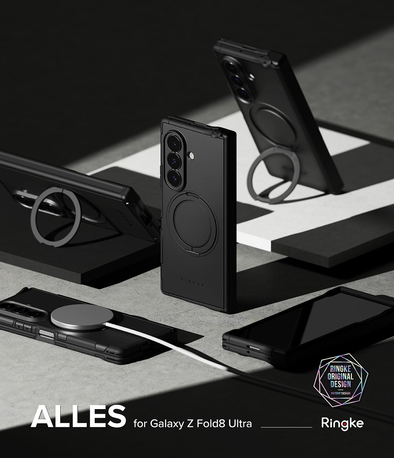 Galaxy Z Fold 8 Ultra Case | Alles - Black Ringke ALLES MagSafe case for Samsung Galaxy Z Fold8 Ultra, shown in multiple angles with a magnetic ring stand and wireless charging, on a black and white geometric background.