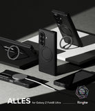 Galaxy Z Fold 8 Ultra Case | Alles - Black Ringke ALLES MagSafe case for Samsung Galaxy Z Fold8 Ultra, shown in multiple angles with a magnetic ring stand and wireless charging, on a black and white geometric background.