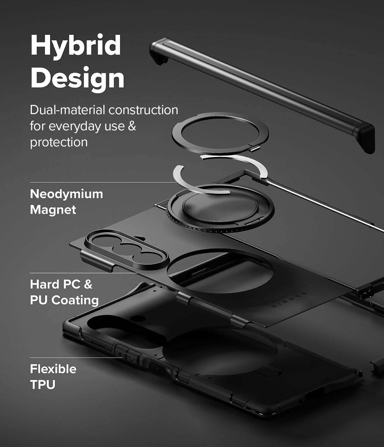 Galaxy Z Fold 8 Ultra Case | Alles - Black hybrid phone case with text overlays explaining its features: 'Hybrid Design', 'Dual-material construction', 'Neodymium Magnet', 'Hard PC & PU Coating', and 'Flexible TPU'. The image shows an exploded view of the case components on a dark gray background.