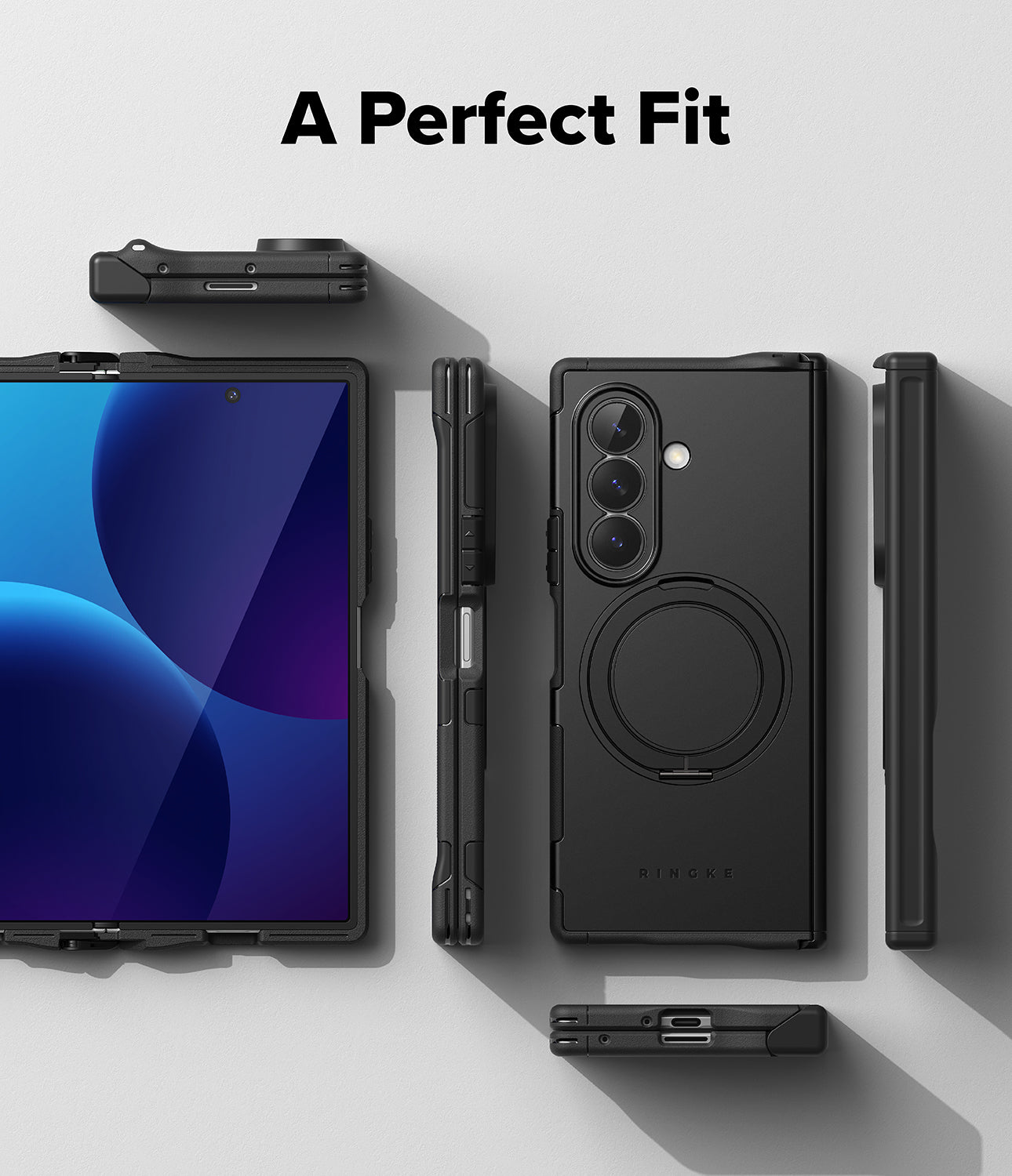 Galaxy Z Fold 8 Ultra Case | Alles - A black rugged smartphone case shown in multiple angles with a tablet inserted, under the text 'A Perfect Fit' on a light gray background.