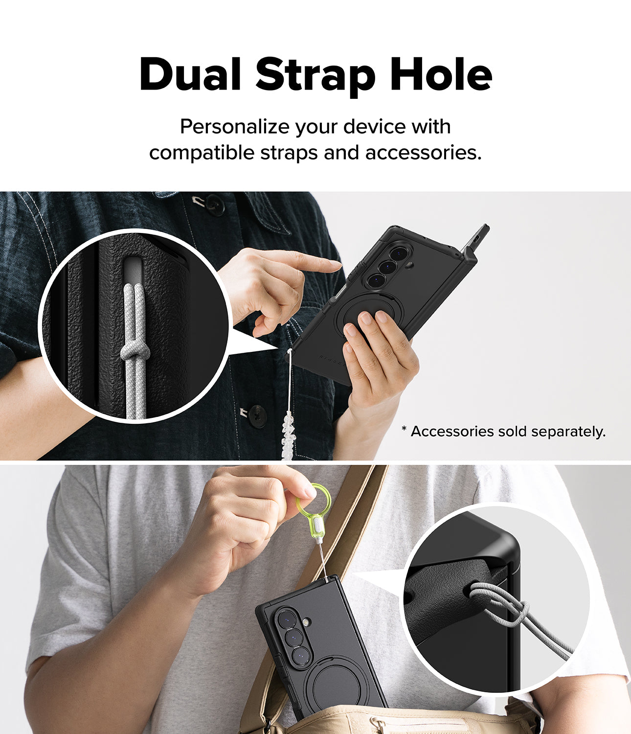 Galaxy Z Fold 8 Ultra Case | Alles - Promotional graphic for a black phone case with dual strap holes, showing two lifestyle panels with hands demonstrating how to attach and hang straps and accessories. Text at the top reads 'Dual Strap Hole' and 'Personalize your device with compatible straps and accessories.