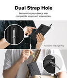Galaxy Z Fold 8 Ultra Case | Alles - Promotional graphic for a black phone case with dual strap holes, showing two lifestyle panels with hands demonstrating how to attach and hang straps and accessories. Text at the top reads 'Dual Strap Hole' and 'Personalize your device with compatible straps and accessories.