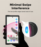 Galaxy Z Fold 8 Ultra Case | Alles - A black smartphone case with minimal profile edges shown on a hand against a beige background, with text reading 'Minimal Swipe Interference' and a circular inset highlighting a low-profile button area.